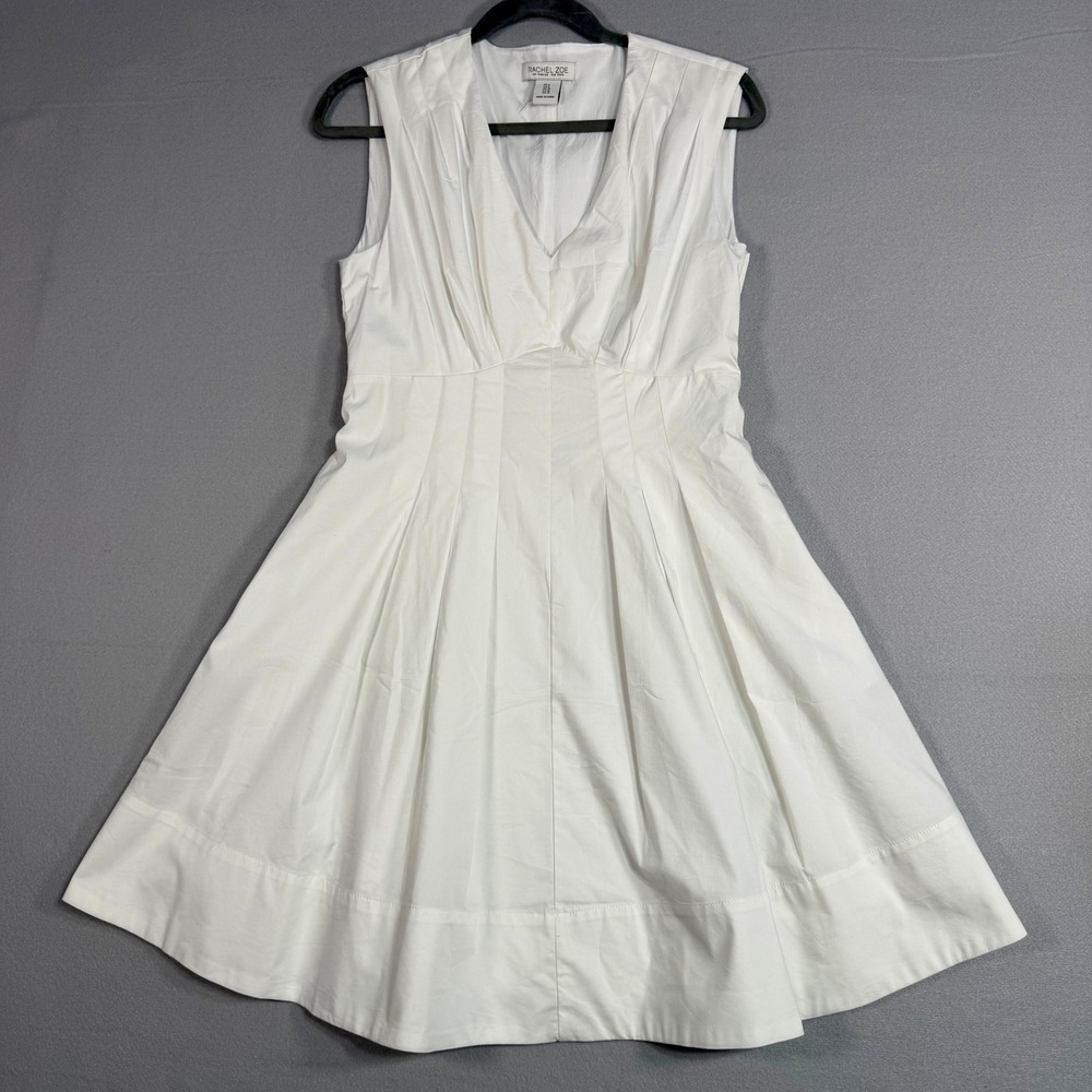 Rachel Zoe Fit and Flare Dress 6 White V-Neck Pleated Sleeveless Pockets Mini